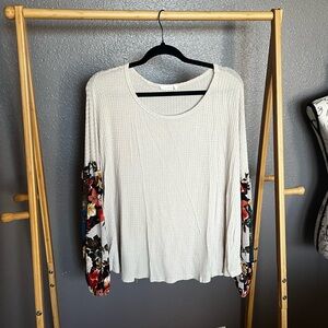 entro Cream Waffle Knit Long Sleeve Top with Floral Accent Sleeves